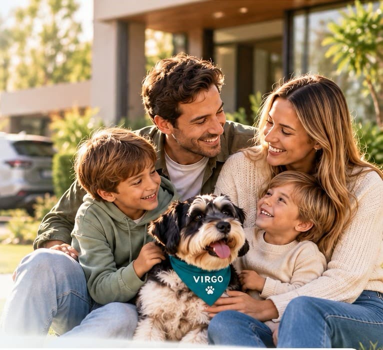 Familia feliz junto a Gio, la mascota de Virgo, frente a su casa